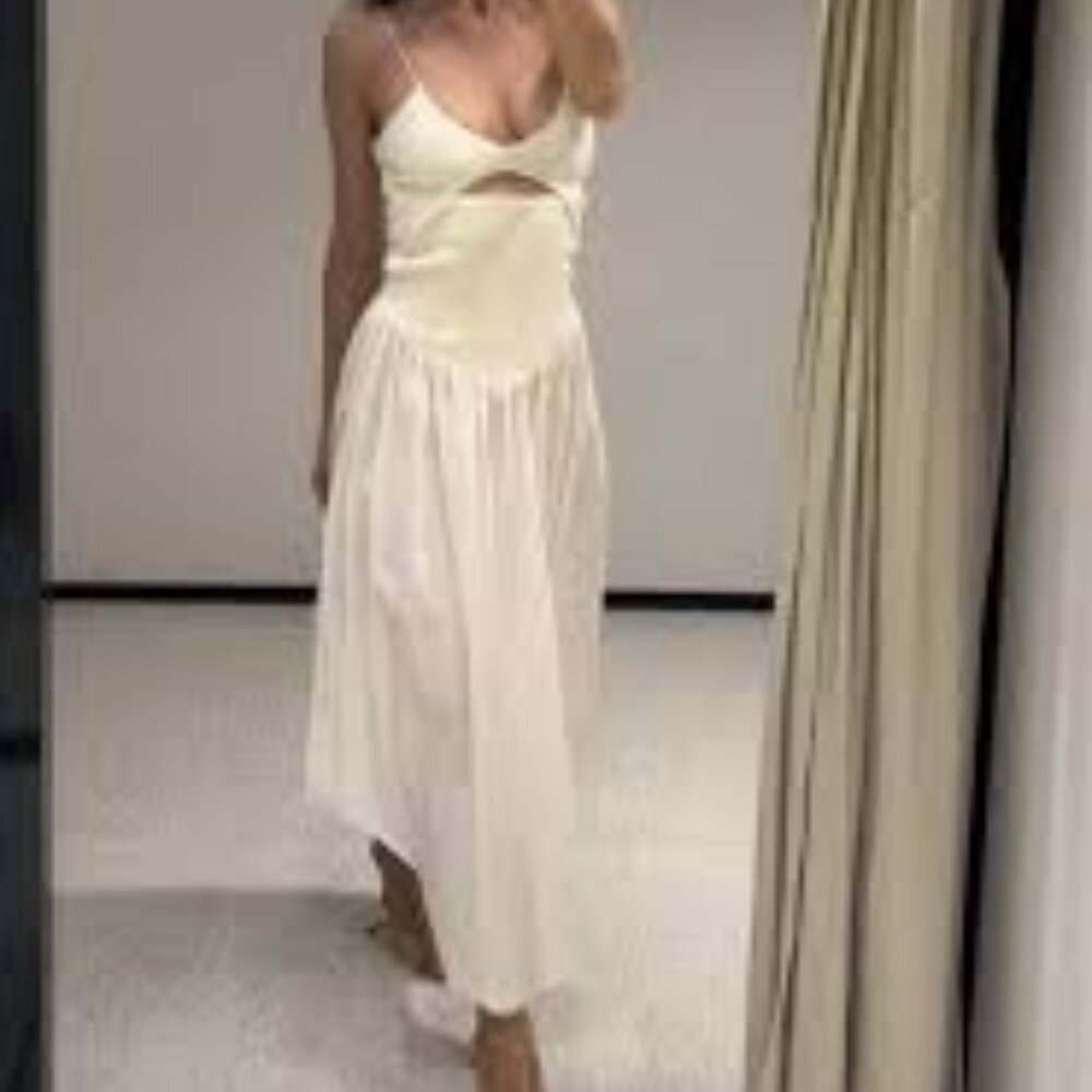 Zara Women's Rounded Hem Sleeveless Combined Cut Out Dress EJ3 Ecru Small (NWT)